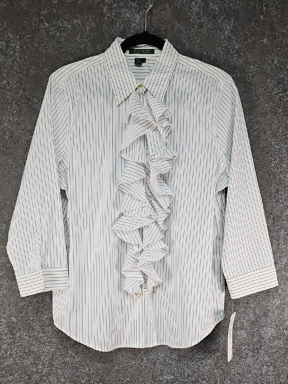 Lauren Ralph Lauren Striped Ruffle Front Button Up, Blue White, Cotton, Sz L NEW